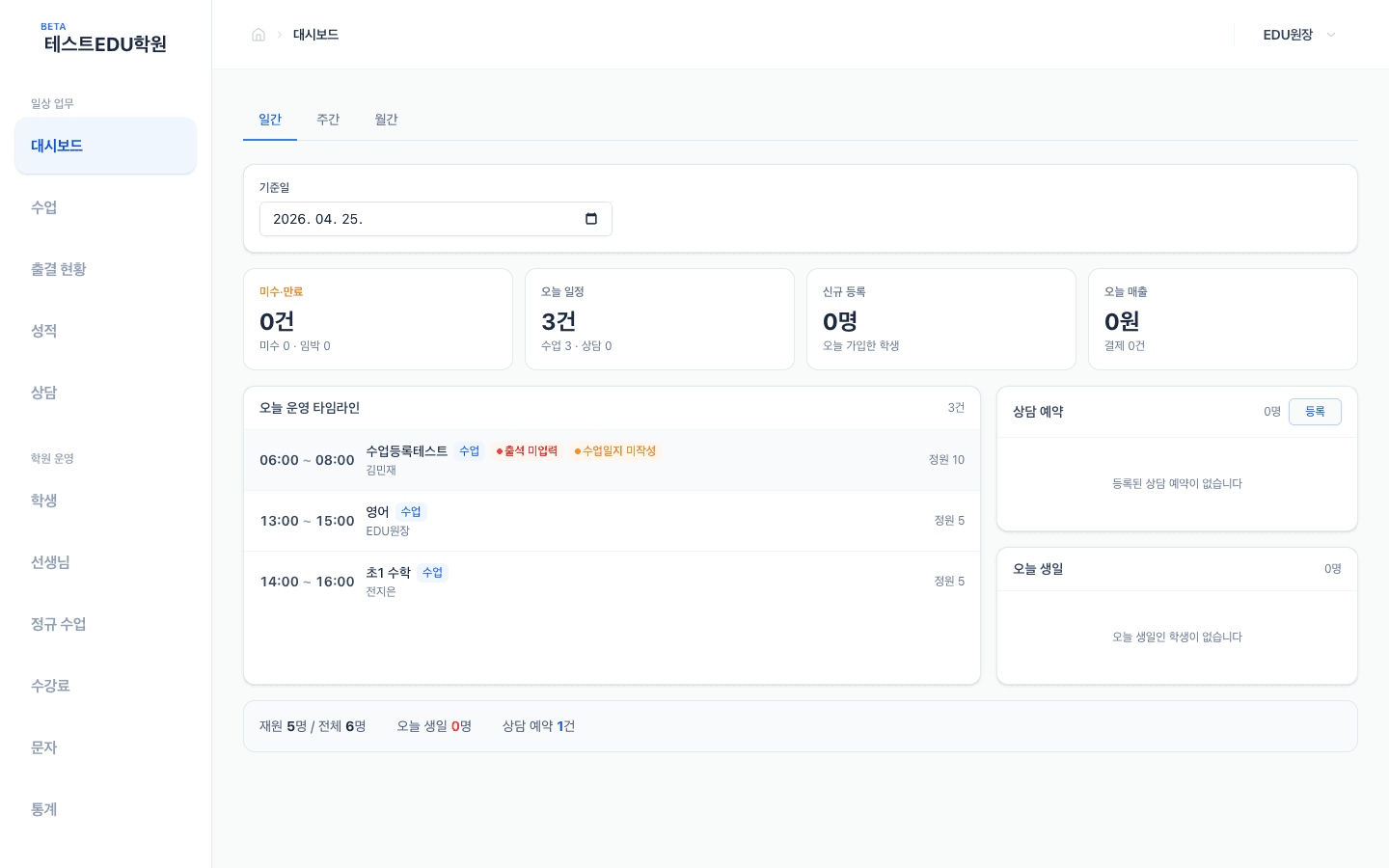 MJOps EDU 대시보드 — 오늘 운영 타임라인과 KPI